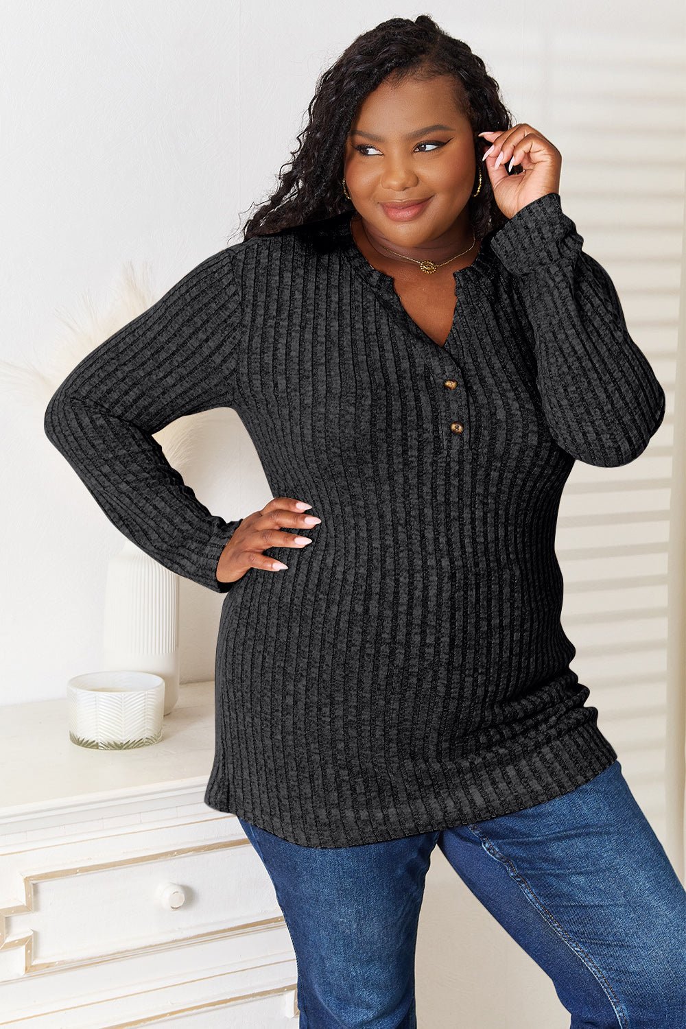 Double Take Notched Neck Ribbed Long Sleeve T - Shirt - Bitsy Gypsy Boutique