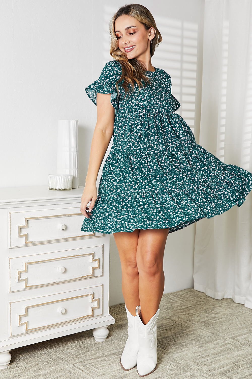 Double Take Short Flounce Sleeve Tiered Dress - Bitsy Gypsy Boutique