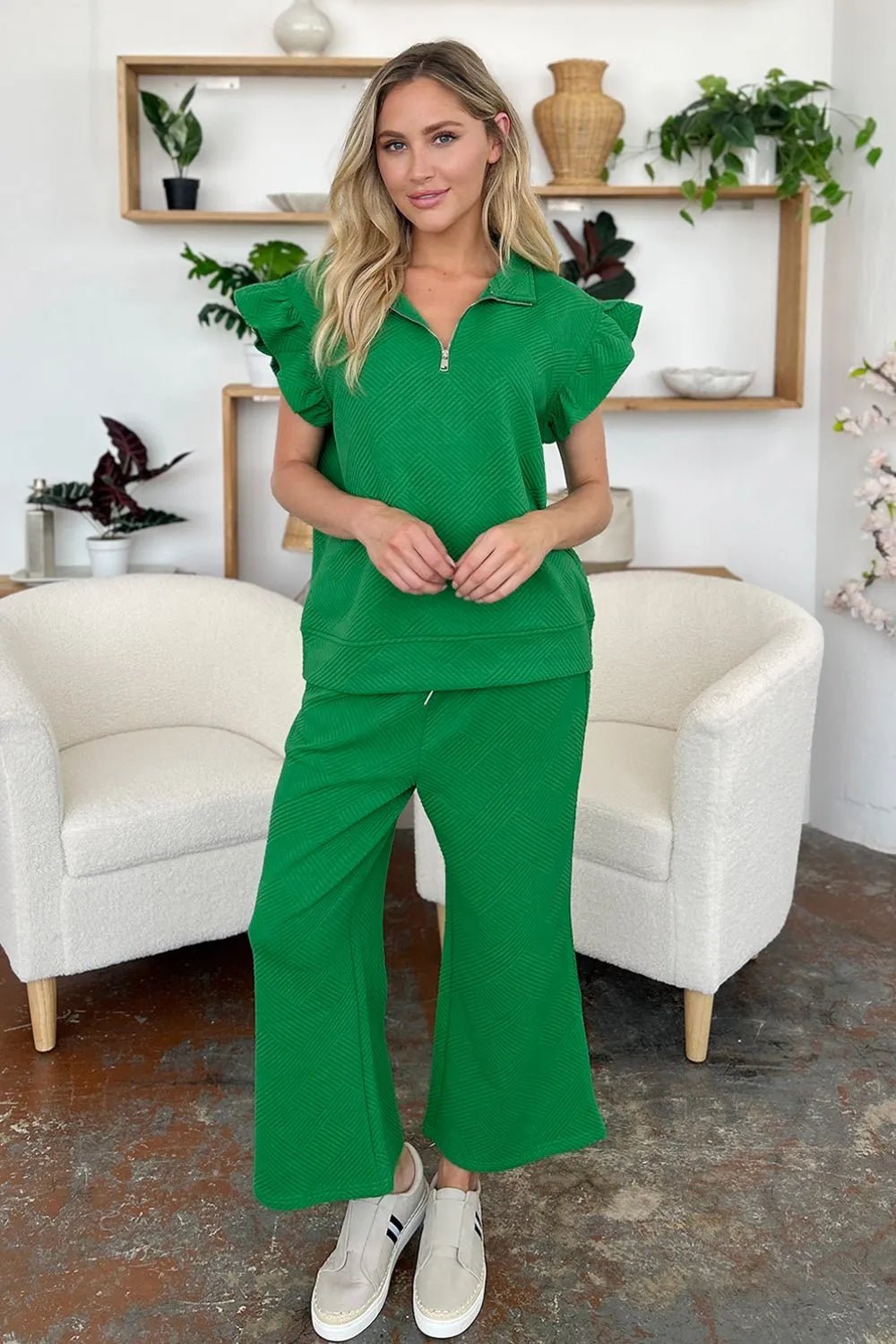 Double Take Texture Ruffle Short Sleeve Top and Drawstring Wide Leg Pants Set - Bitsy Gypsy Boutique
