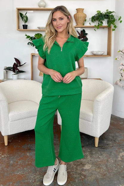 Double Take Texture Ruffle Short Sleeve Top and Drawstring Wide Leg Pants Set - Bitsy Gypsy Boutique