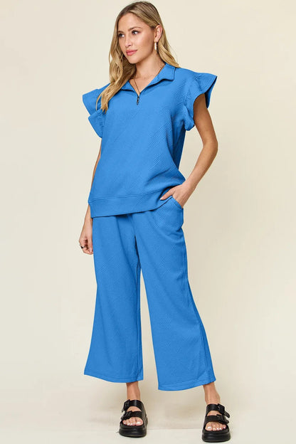 Double Take Texture Ruffle Short Sleeve Top and Drawstring Wide Leg Pants Set - Bitsy Gypsy Boutique