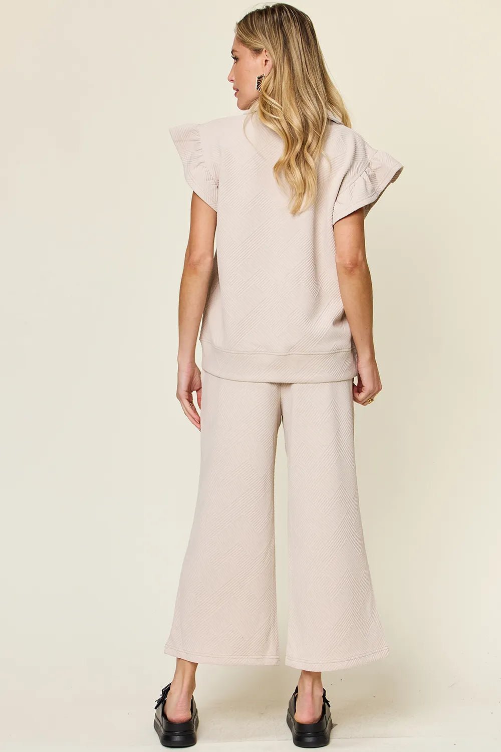 Double Take Texture Ruffle Short Sleeve Top and Drawstring Wide Leg Pants Set - Bitsy Gypsy Boutique