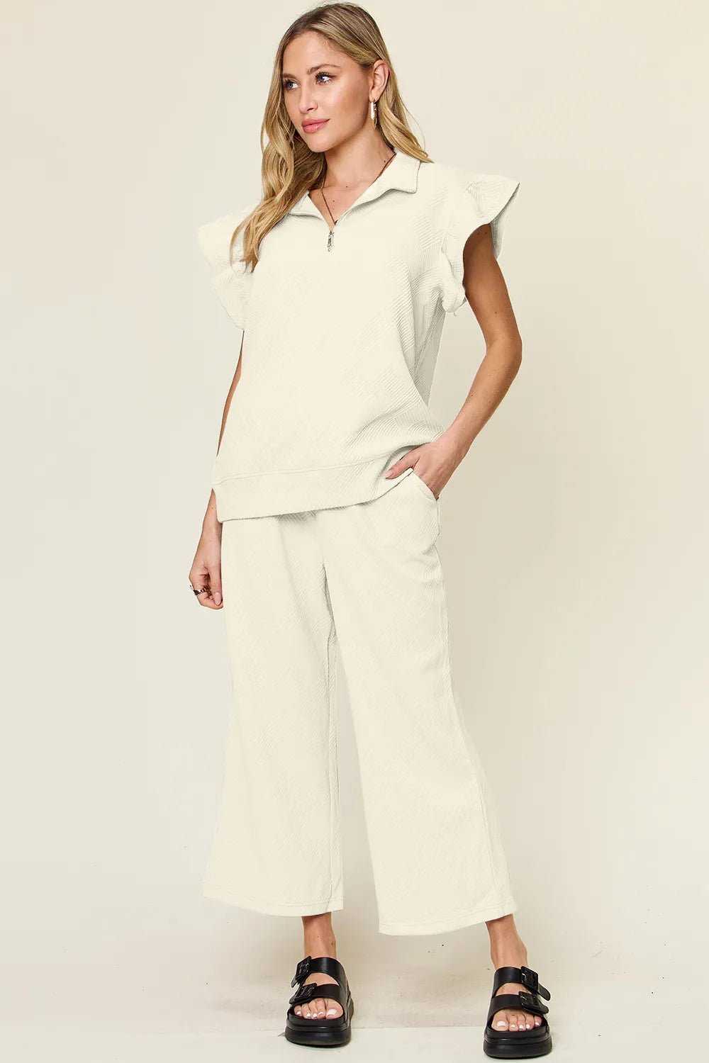 Double Take Texture Ruffle Short Sleeve Top and Drawstring Wide Leg Pants Set - Bitsy Gypsy Boutique