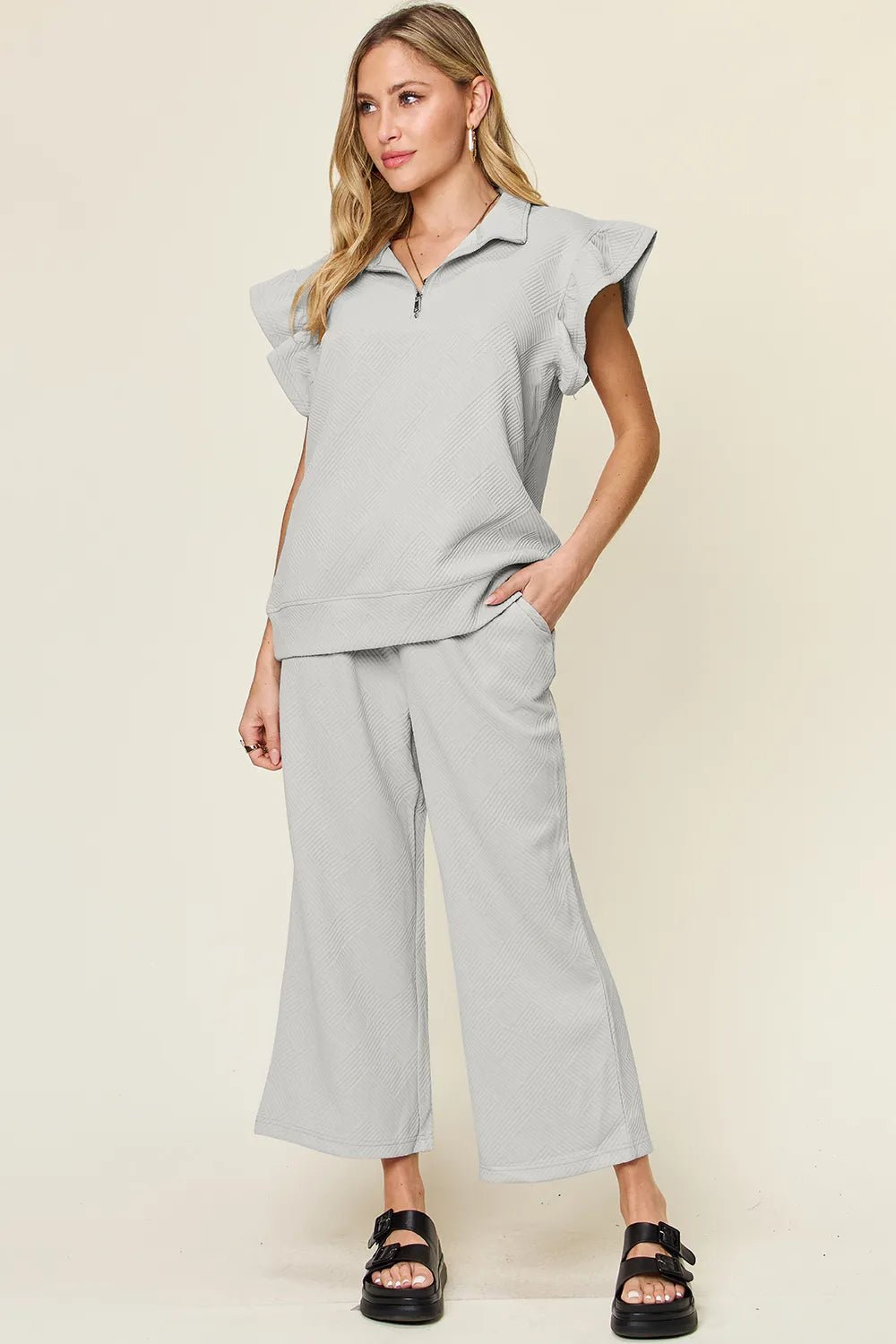 Double Take Texture Ruffle Short Sleeve Top and Drawstring Wide Leg Pants Set - Bitsy Gypsy Boutique
