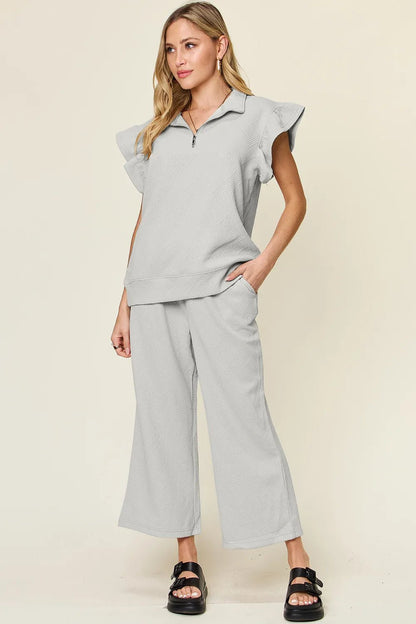 Double Take Texture Ruffle Short Sleeve Top and Drawstring Wide Leg Pants Set - Bitsy Gypsy Boutique