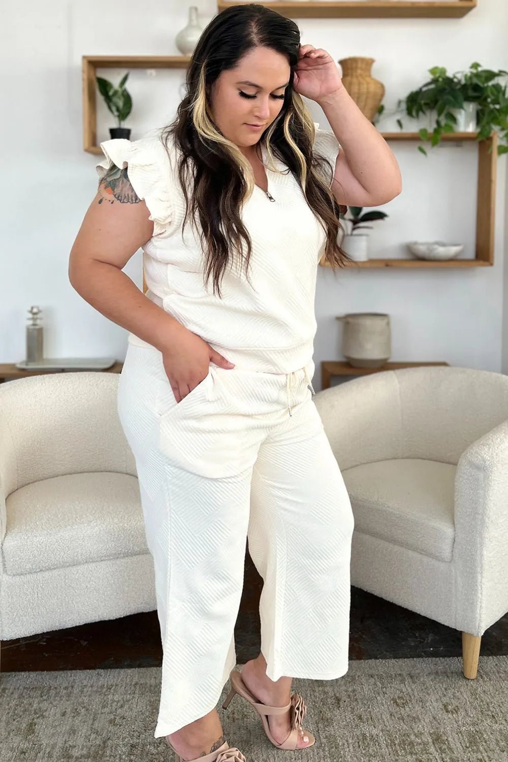 Double Take Texture Ruffle Short Sleeve Top and Drawstring Wide Leg Pants Set - Bitsy Gypsy Boutique