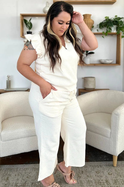 Double Take Texture Ruffle Short Sleeve Top and Drawstring Wide Leg Pants Set - Bitsy Gypsy Boutique