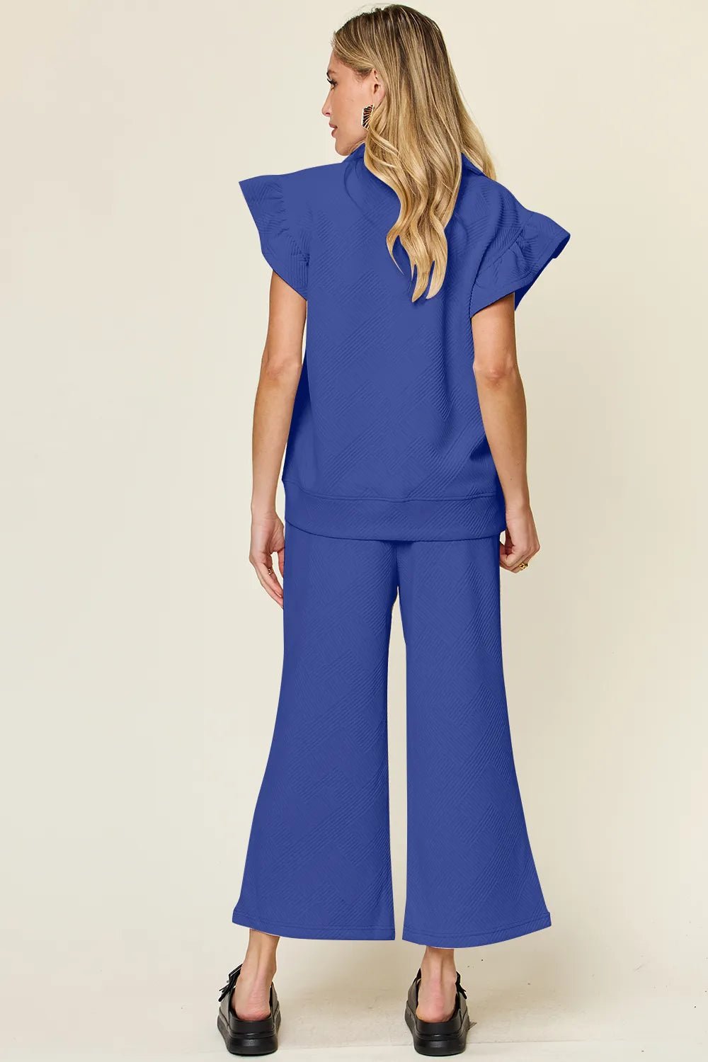 Double Take Texture Ruffle Short Sleeve Top and Drawstring Wide Leg Pants Set - Bitsy Gypsy Boutique