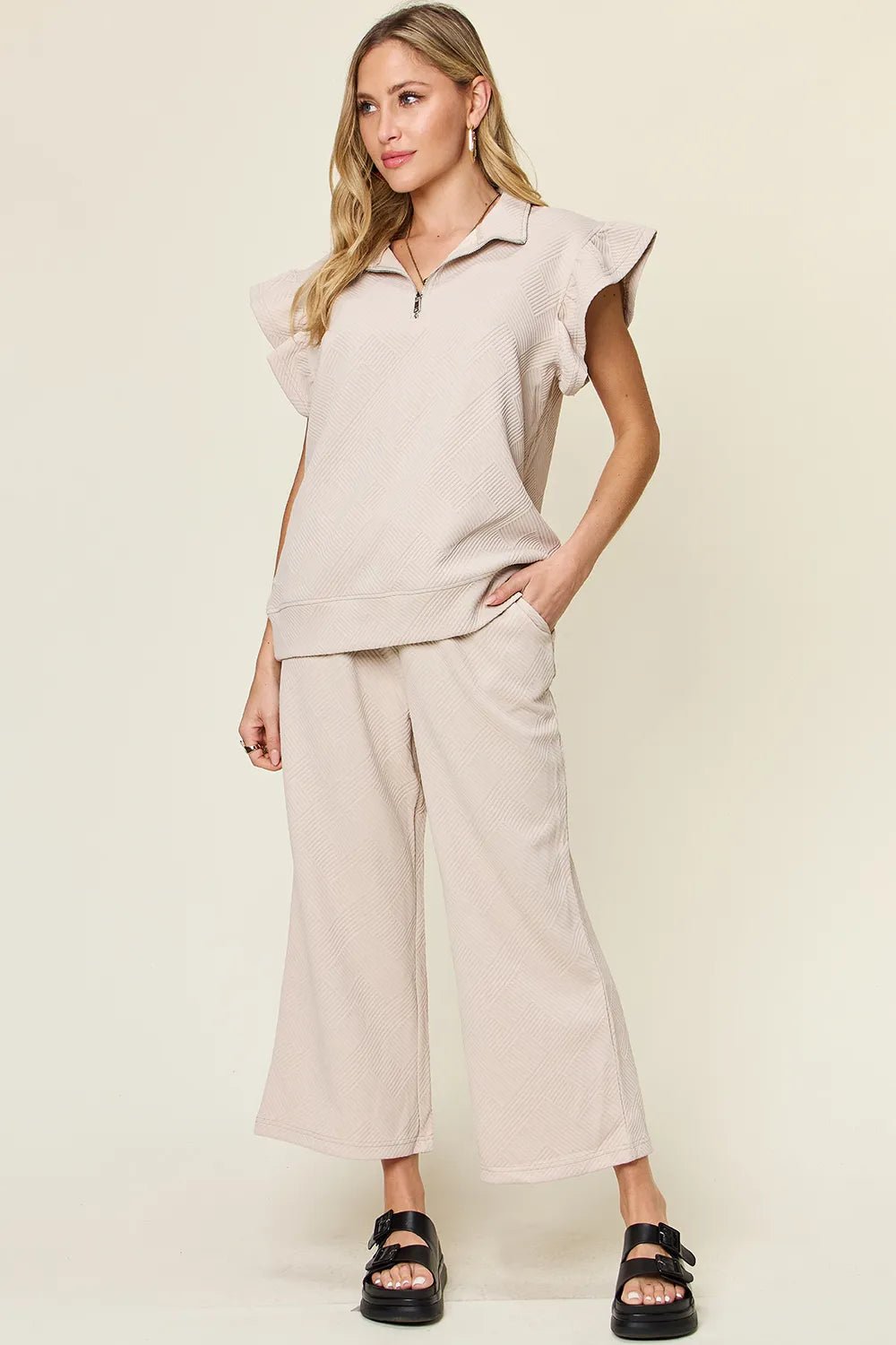 Double Take Texture Ruffle Short Sleeve Top and Drawstring Wide Leg Pants Set - Bitsy Gypsy Boutique
