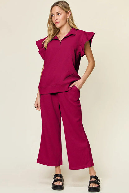 Double Take Texture Ruffle Short Sleeve Top and Drawstring Wide Leg Pants Set - Bitsy Gypsy Boutique