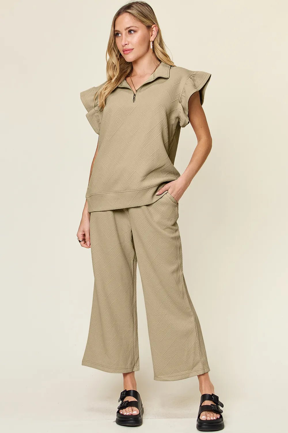 Double Take Texture Ruffle Short Sleeve Top and Drawstring Wide Leg Pants Set - Bitsy Gypsy Boutique