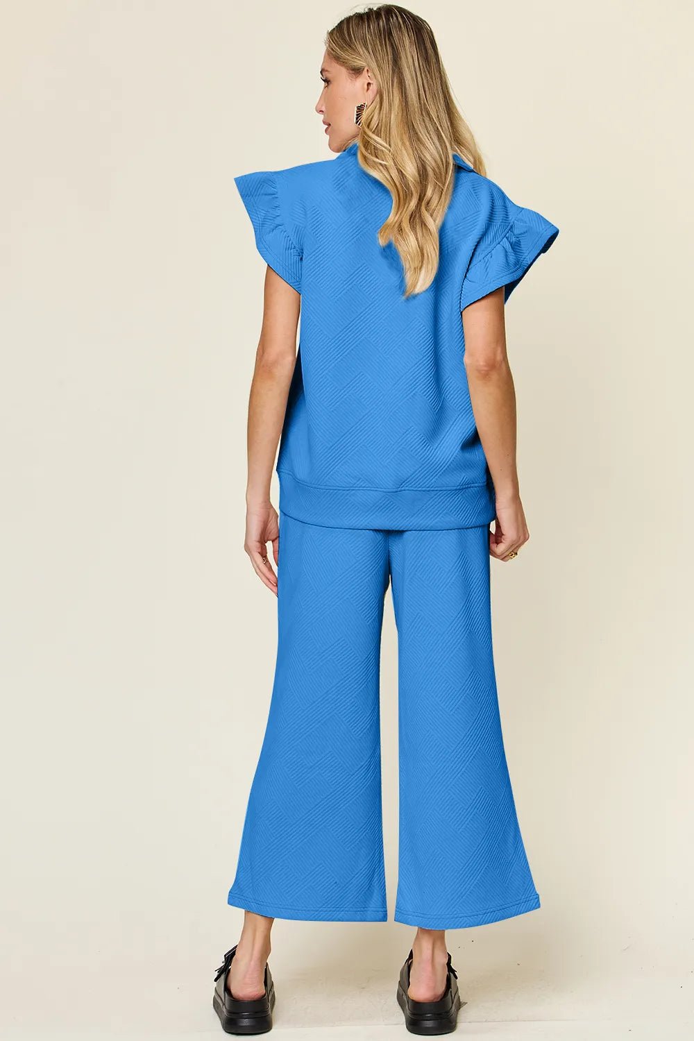 Double Take Texture Ruffle Short Sleeve Top and Drawstring Wide Leg Pants Set - Bitsy Gypsy Boutique