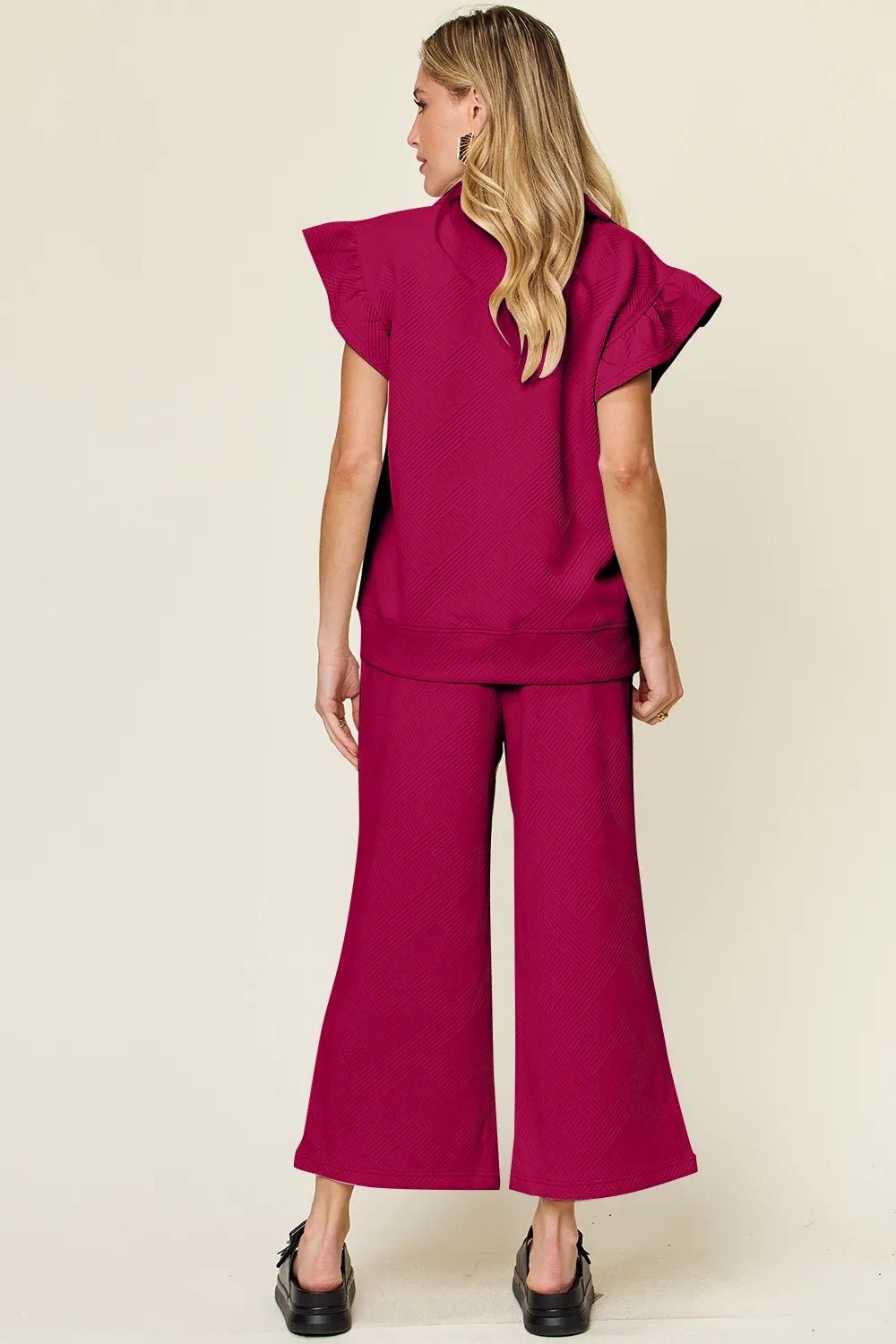 Double Take Texture Ruffle Short Sleeve Top and Drawstring Wide Leg Pants Set - Bitsy Gypsy Boutique