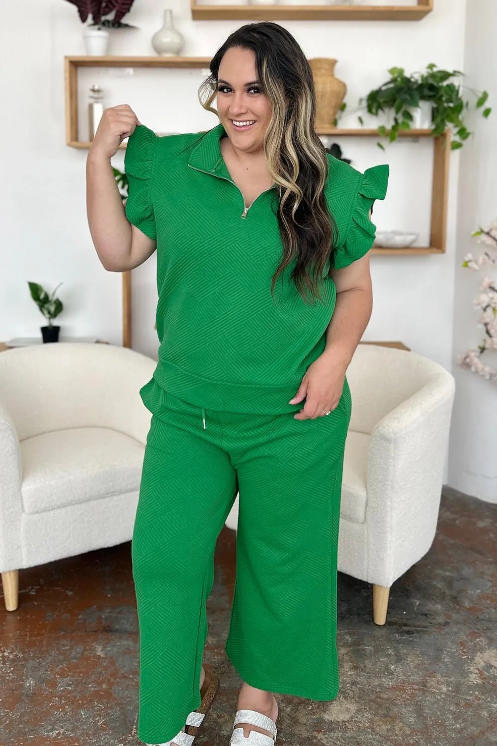 Double Take Texture Ruffle Short Sleeve Top and Drawstring Wide Leg Pants Set - Bitsy Gypsy Boutique