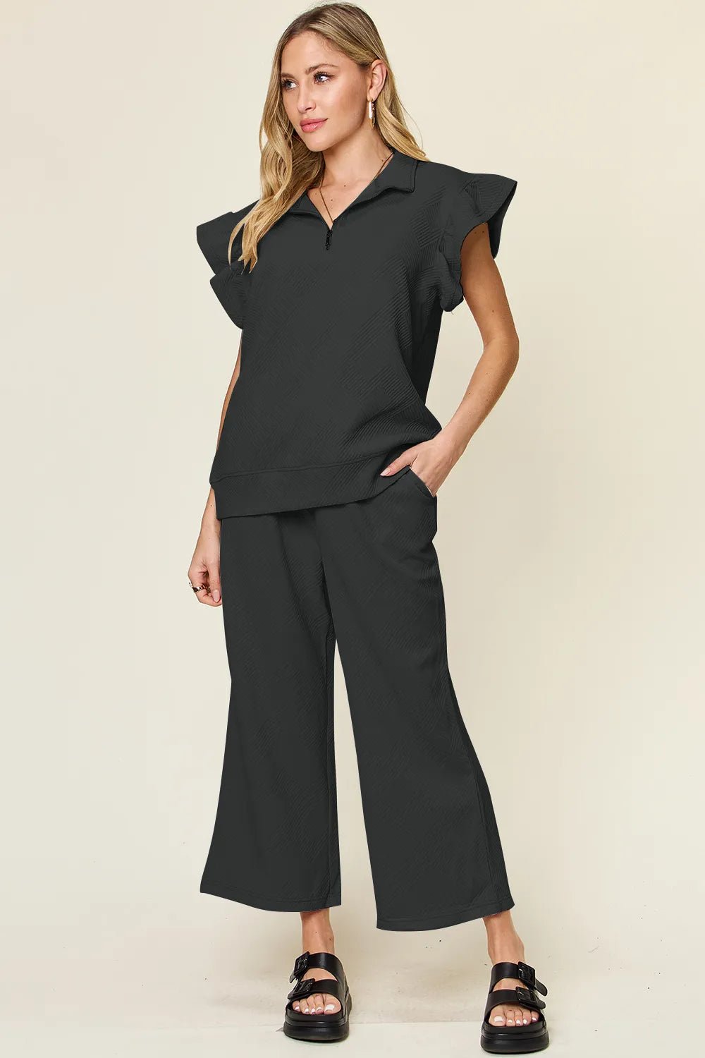 Double Take Texture Ruffle Short Sleeve Top and Drawstring Wide Leg Pants Set - Bitsy Gypsy Boutique
