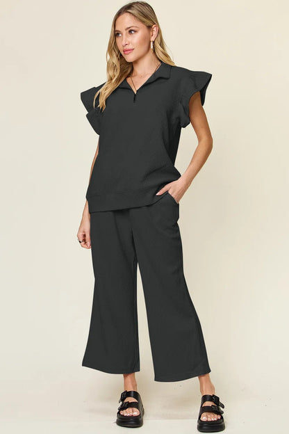 Double Take Texture Ruffle Short Sleeve Top and Drawstring Wide Leg Pants Set - Bitsy Gypsy Boutique