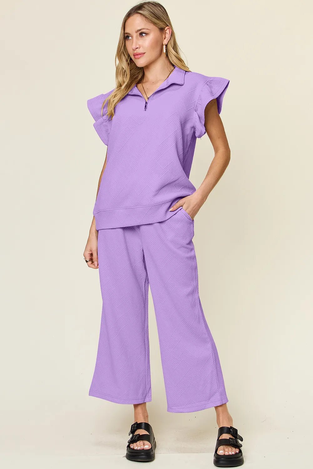 Double Take Texture Ruffle Short Sleeve Top and Drawstring Wide Leg Pants Set - Bitsy Gypsy Boutique