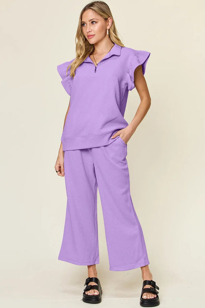 Double Take Texture Ruffle Short Sleeve Top and Drawstring Wide Leg Pants Set - Bitsy Gypsy Boutique