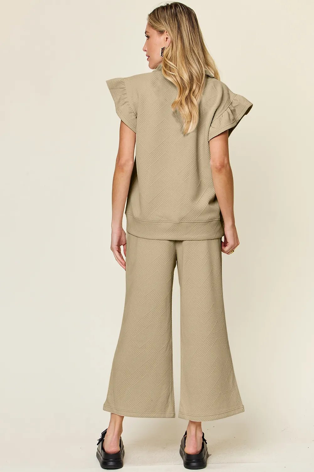 Double Take Texture Ruffle Short Sleeve Top and Drawstring Wide Leg Pants Set - Bitsy Gypsy Boutique