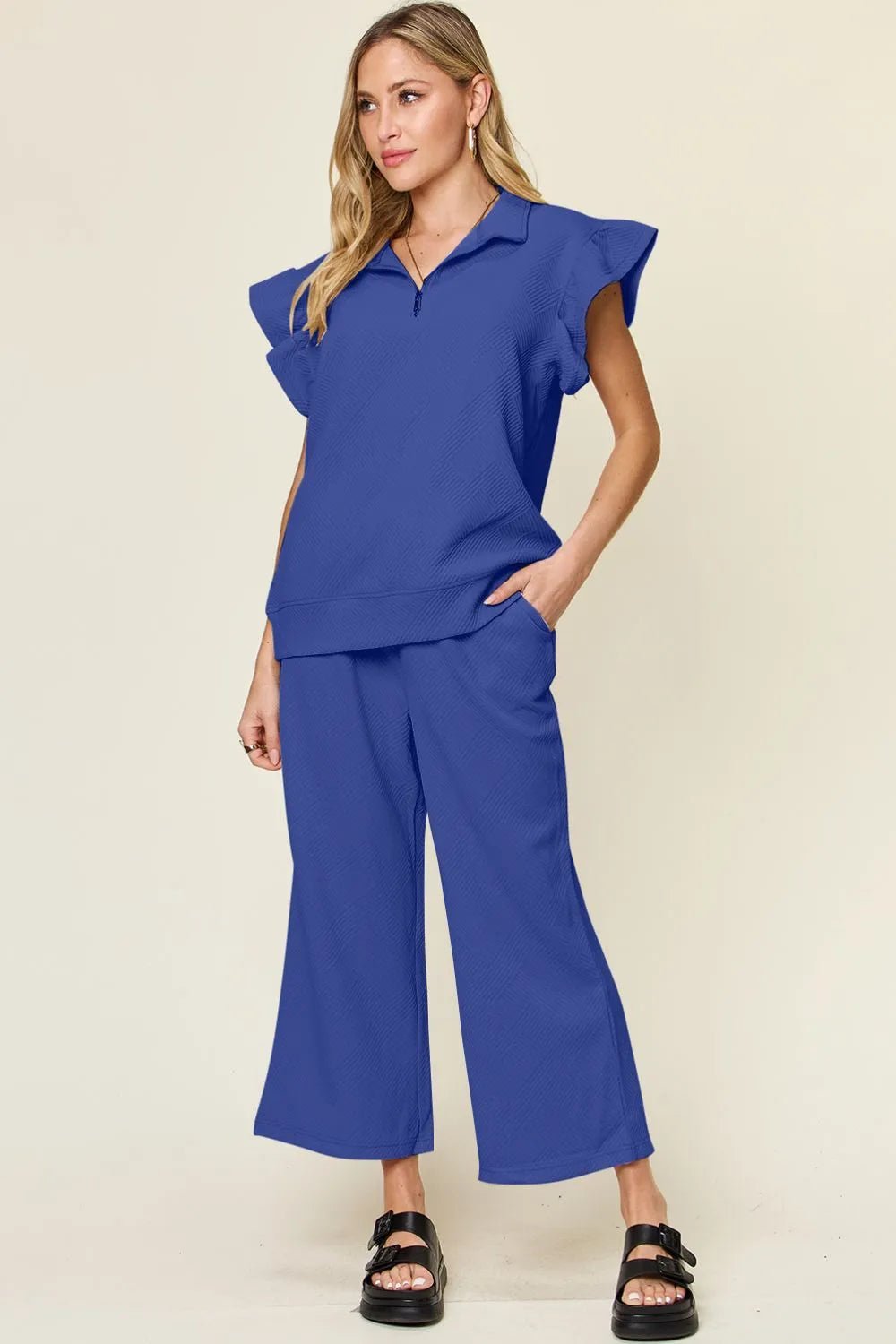 Double Take Texture Ruffle Short Sleeve Top and Drawstring Wide Leg Pants Set - Bitsy Gypsy Boutique