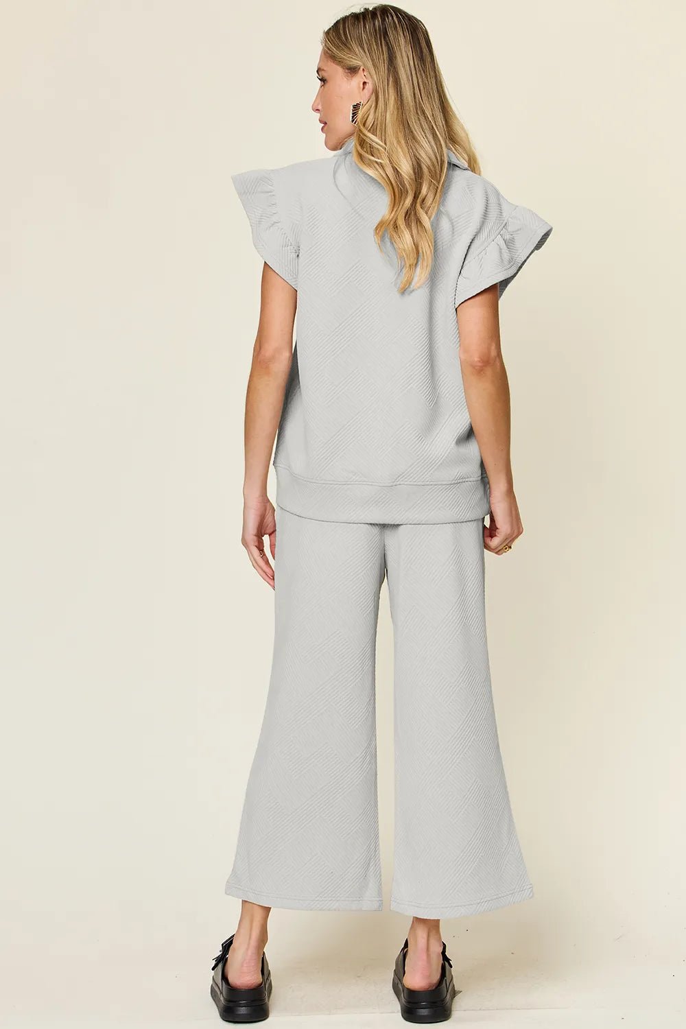 Double Take Texture Ruffle Short Sleeve Top and Drawstring Wide Leg Pants Set - Bitsy Gypsy Boutique