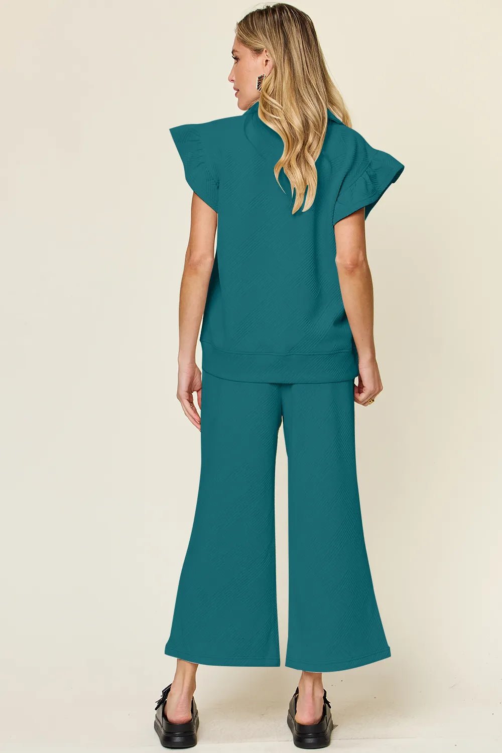 Double Take Texture Ruffle Short Sleeve Top and Drawstring Wide Leg Pants Set - Bitsy Gypsy Boutique