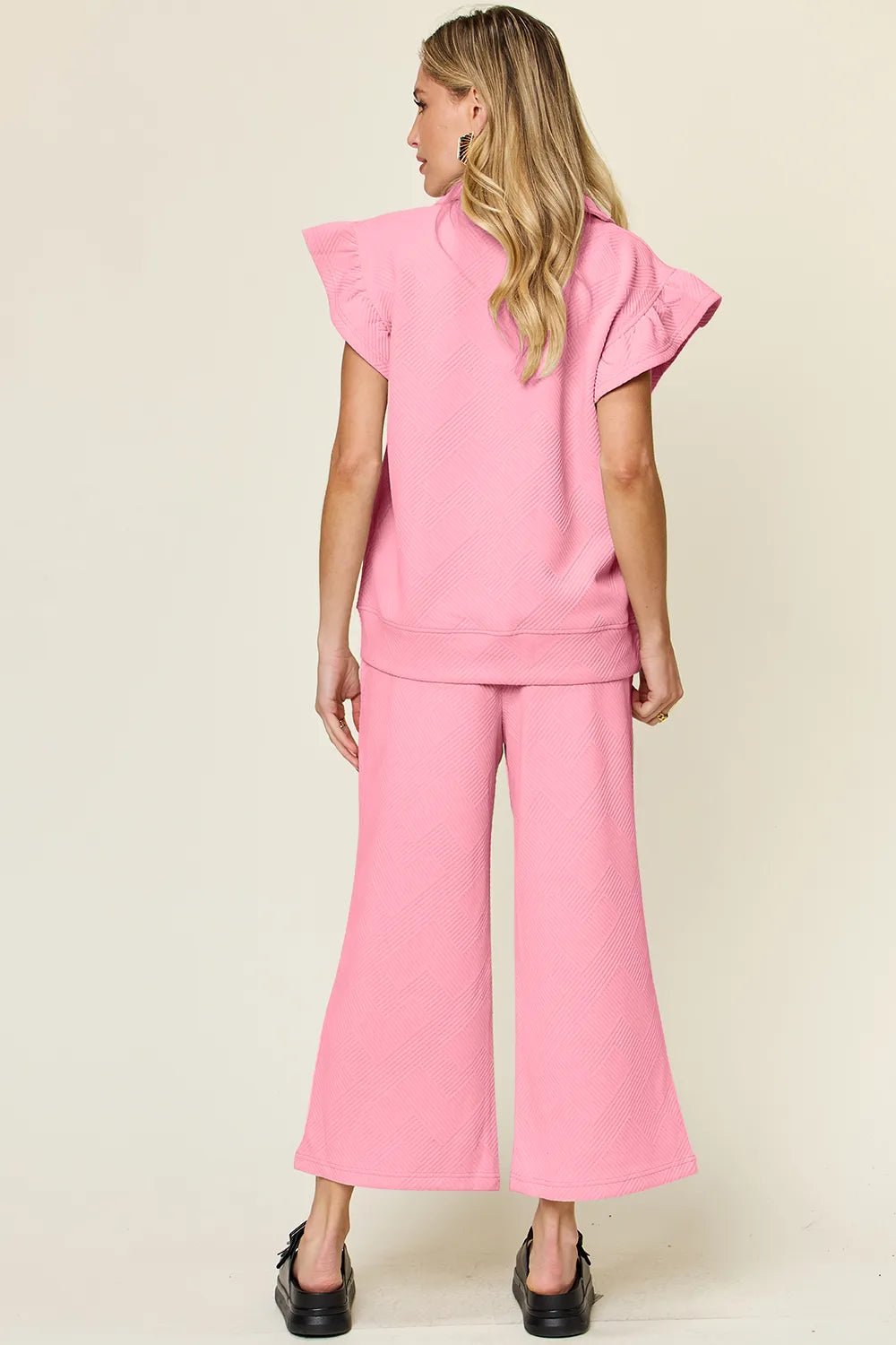 Double Take Texture Ruffle Short Sleeve Top and Drawstring Wide Leg Pants Set - Bitsy Gypsy Boutique