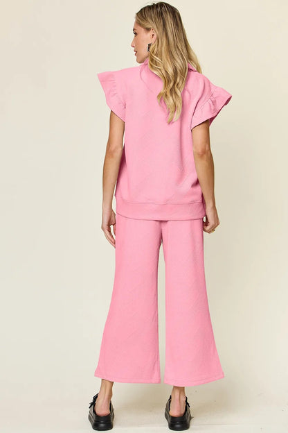 Double Take Texture Ruffle Short Sleeve Top and Drawstring Wide Leg Pants Set - Bitsy Gypsy Boutique