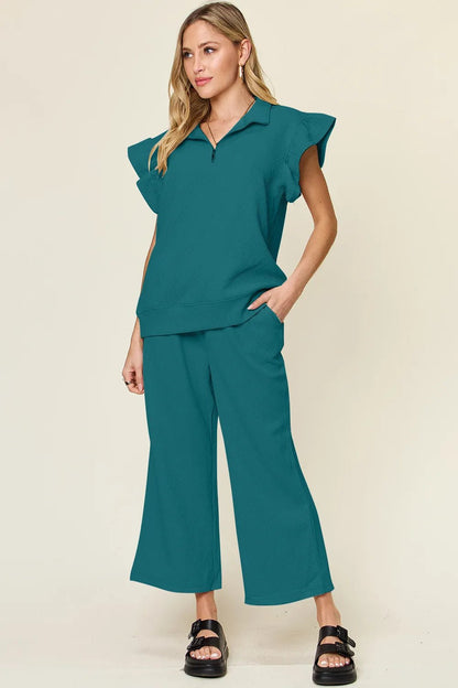 Double Take Texture Ruffle Short Sleeve Top and Drawstring Wide Leg Pants Set - Bitsy Gypsy Boutique