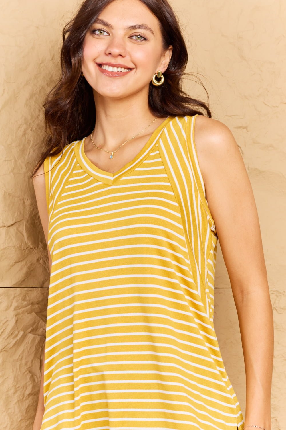 Doublju Talk To Me Full Size Striped Sleeveless V - Neck Top - Bitsy Gypsy Boutique