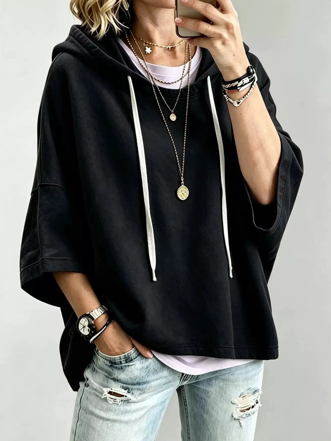 Drawstring 3/4 Sleeve Hoodie - Bitsy Gypsy Boutique