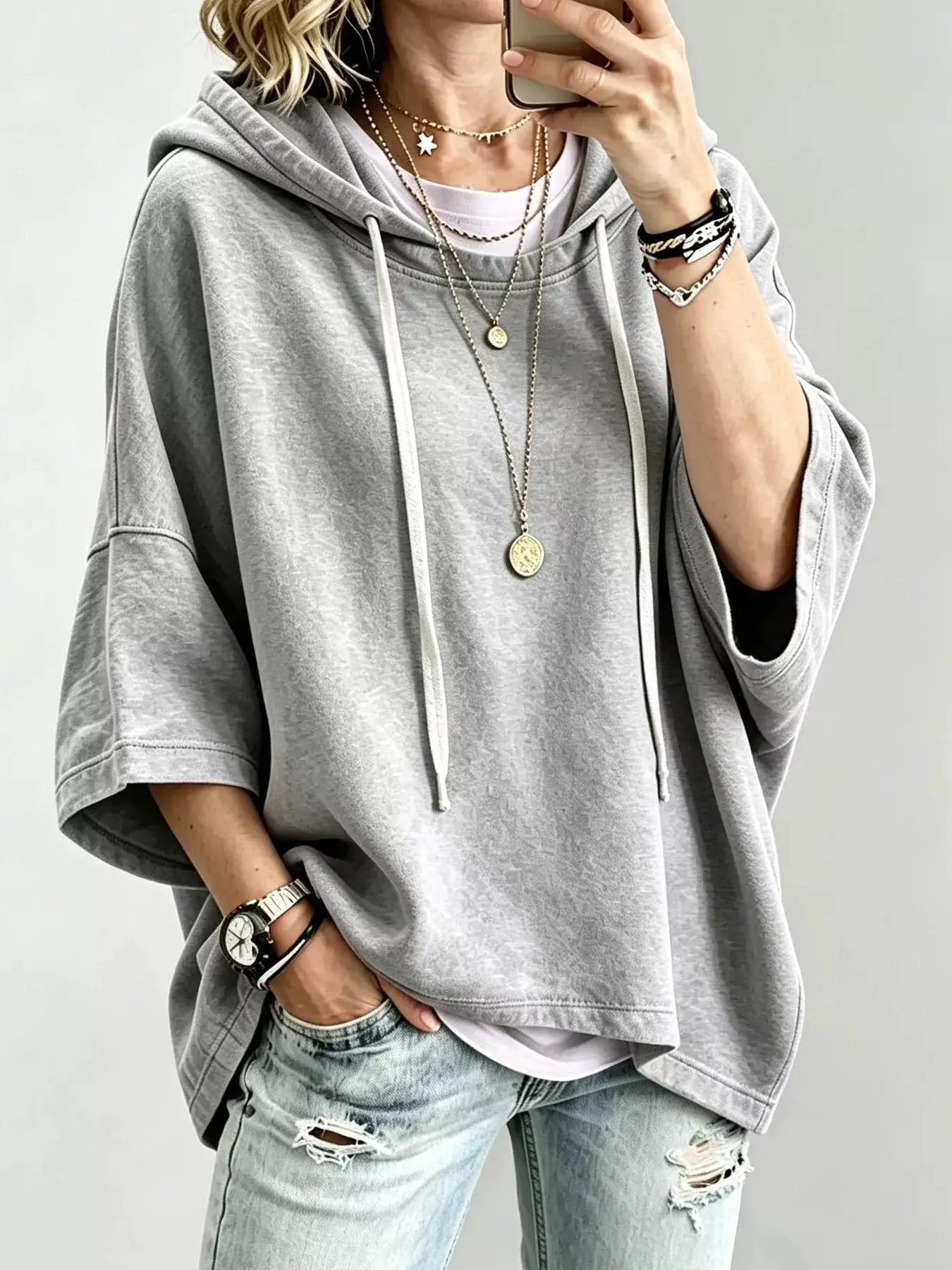 Drawstring 3/4 Sleeve Hoodie - Bitsy Gypsy Boutique
