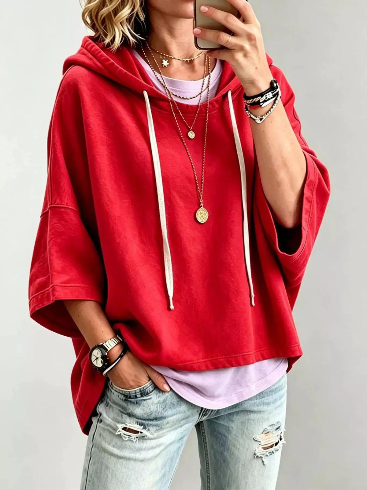 Drawstring 3/4 Sleeve Hoodie - Bitsy Gypsy Boutique