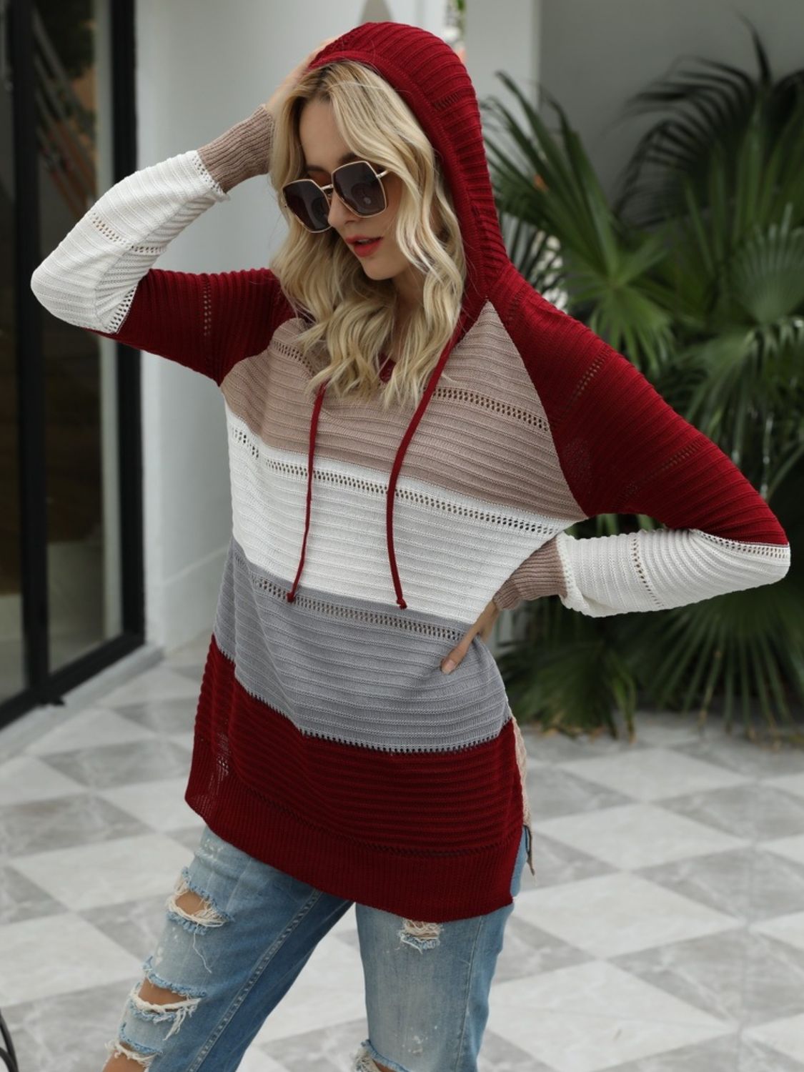 Drawstring Contrast Long Sleeve Hooded T-Shirt - Bitsy Gypsy Boutique