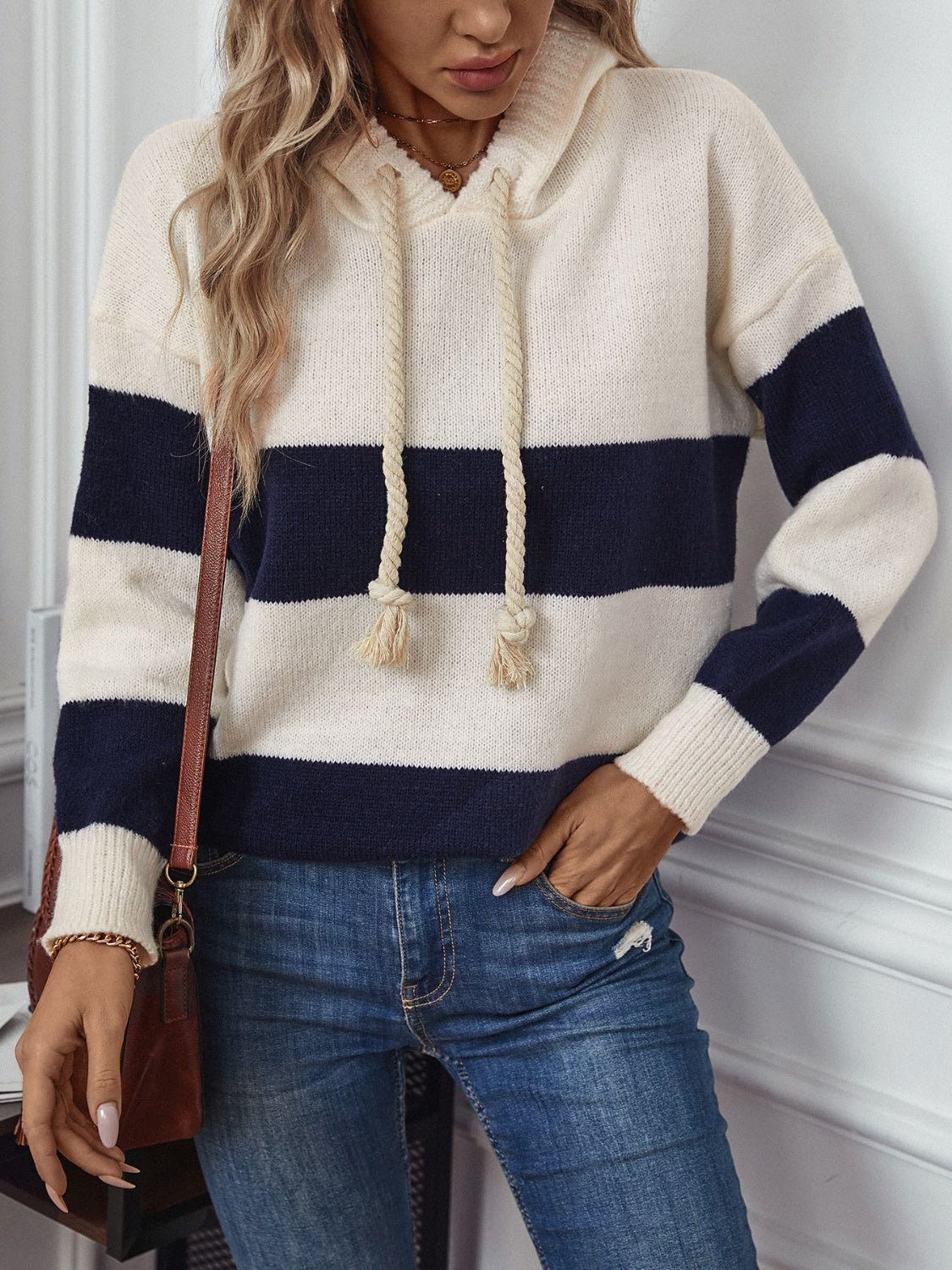 Drawstring Contrast Stripe Dropped Shoulder Hooded Sweater - Bitsy Gypsy Boutique