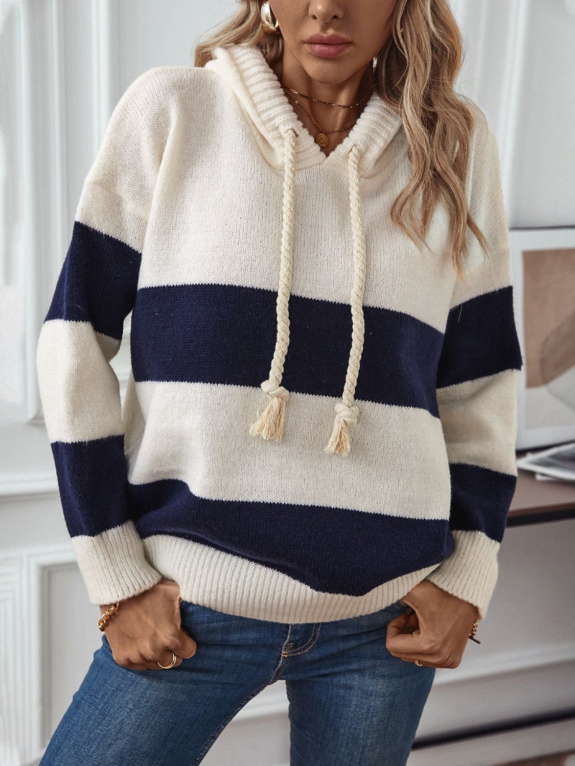 Drawstring Contrast Stripe Dropped Shoulder Hooded Sweater - Bitsy Gypsy Boutique