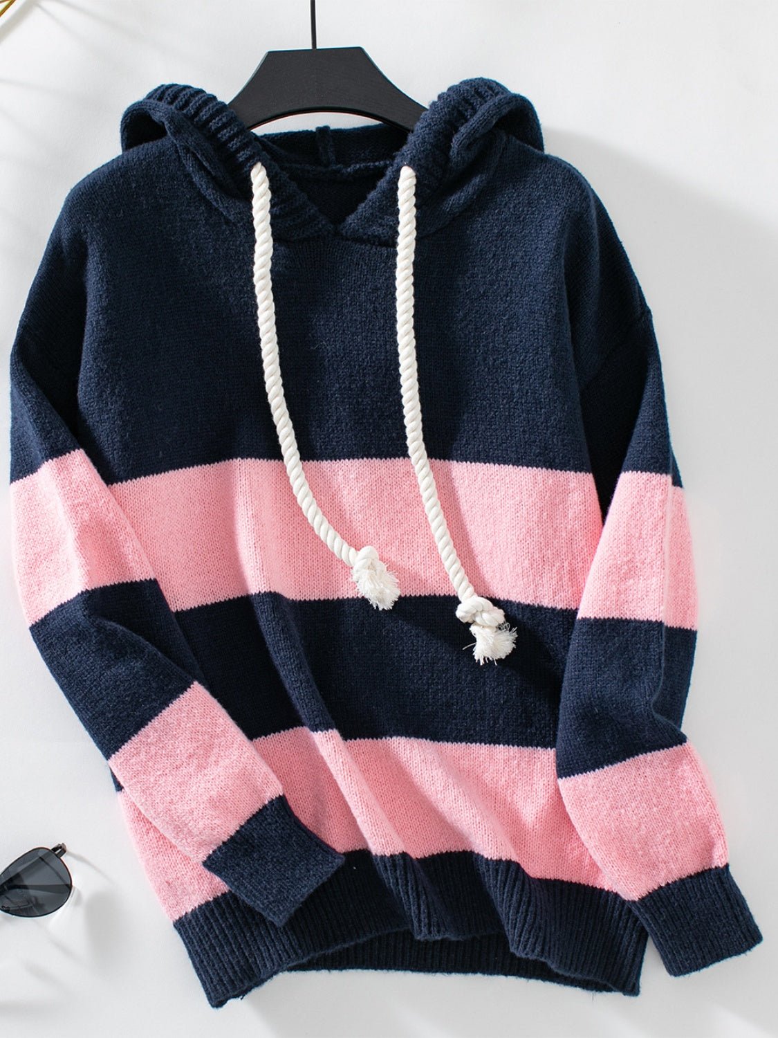 Drawstring Contrast Stripe Dropped Shoulder Hooded Sweater - Bitsy Gypsy Boutique