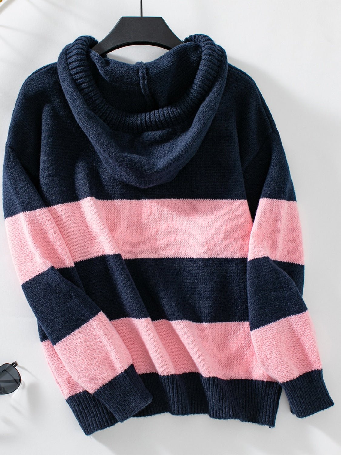 Drawstring Contrast Stripe Dropped Shoulder Hooded Sweater - Bitsy Gypsy Boutique