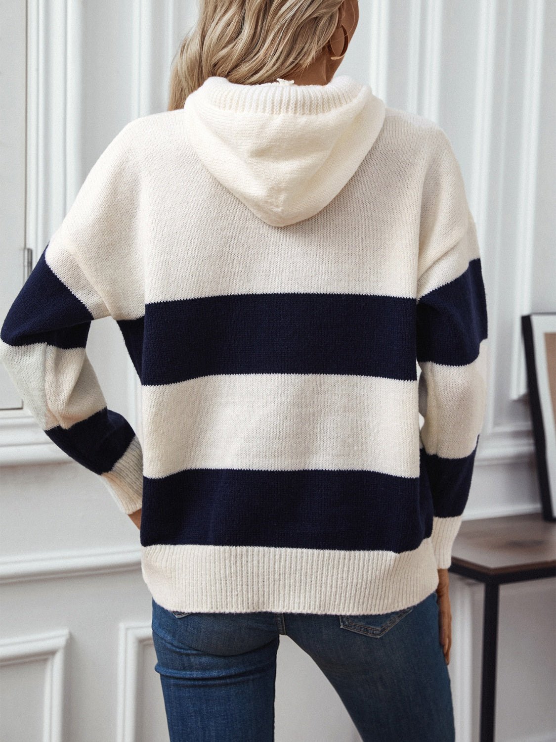 Drawstring Contrast Stripe Dropped Shoulder Hooded Sweater - Bitsy Gypsy Boutique