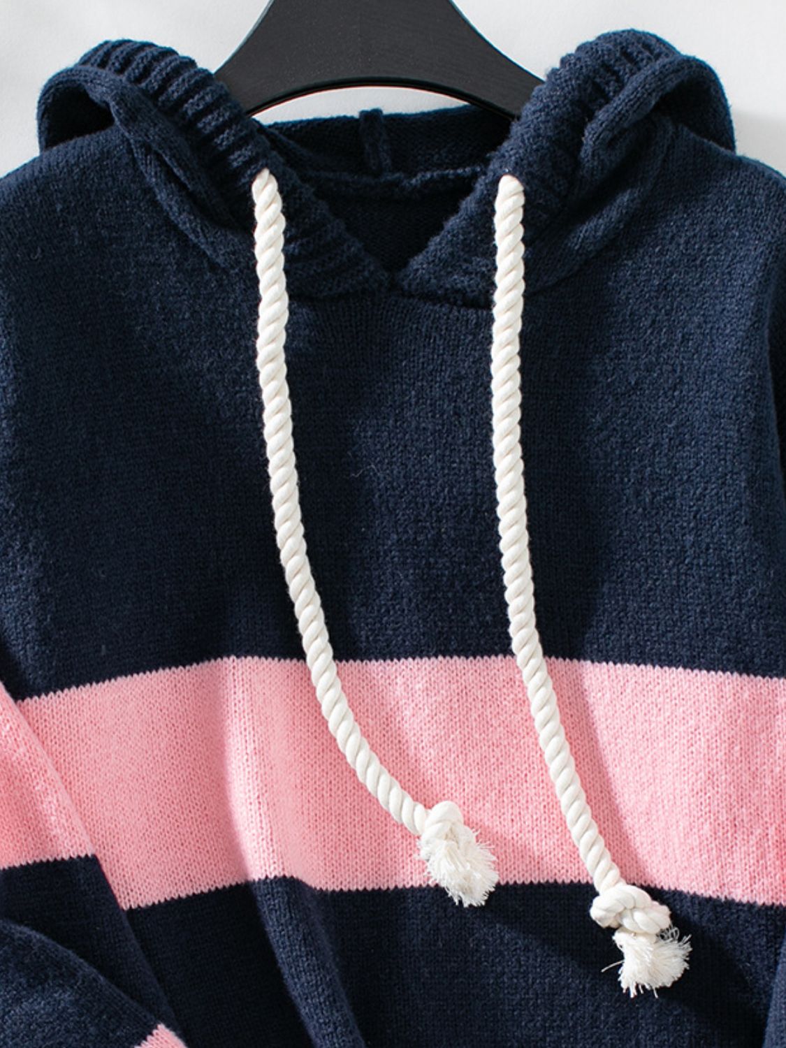 Drawstring Contrast Stripe Dropped Shoulder Hooded Sweater - Bitsy Gypsy Boutique