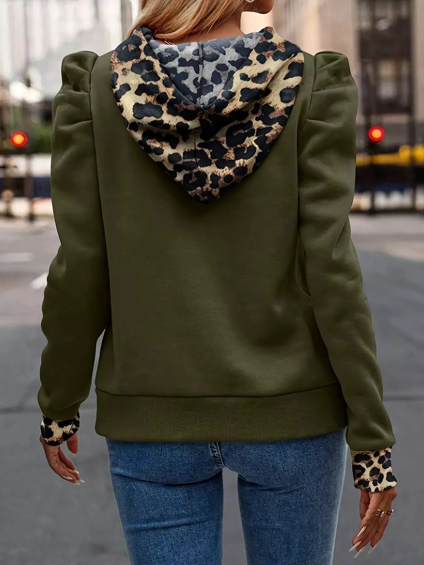 Drawstring Leopard Puff Sleeve Hoodie - Bitsy Gypsy Boutique