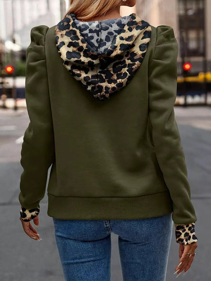 Drawstring Leopard Puff Sleeve Hoodie - Bitsy Gypsy Boutique