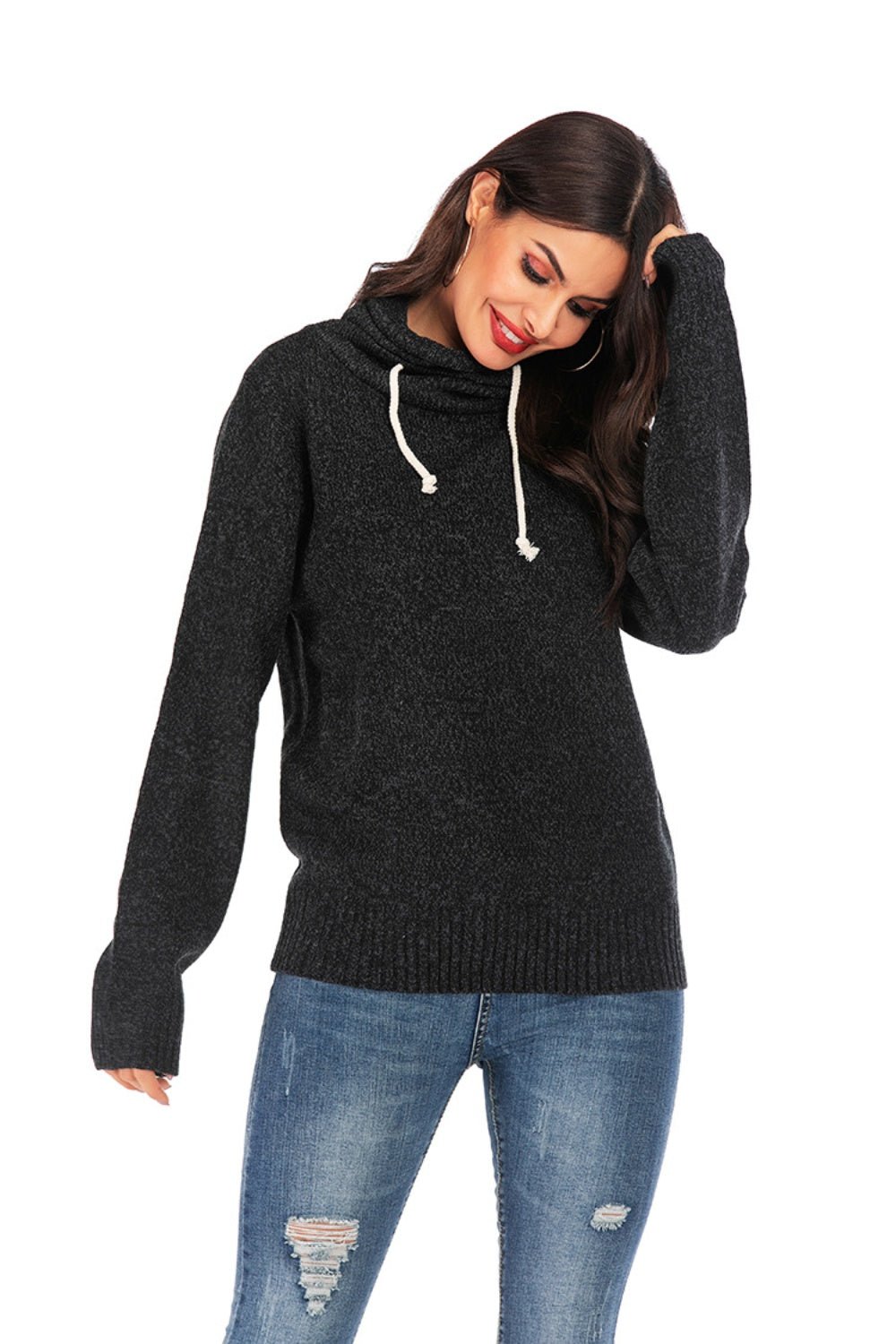 Drawstring Mock Neck Long Sleeve Sweater - Bitsy Gypsy Boutique