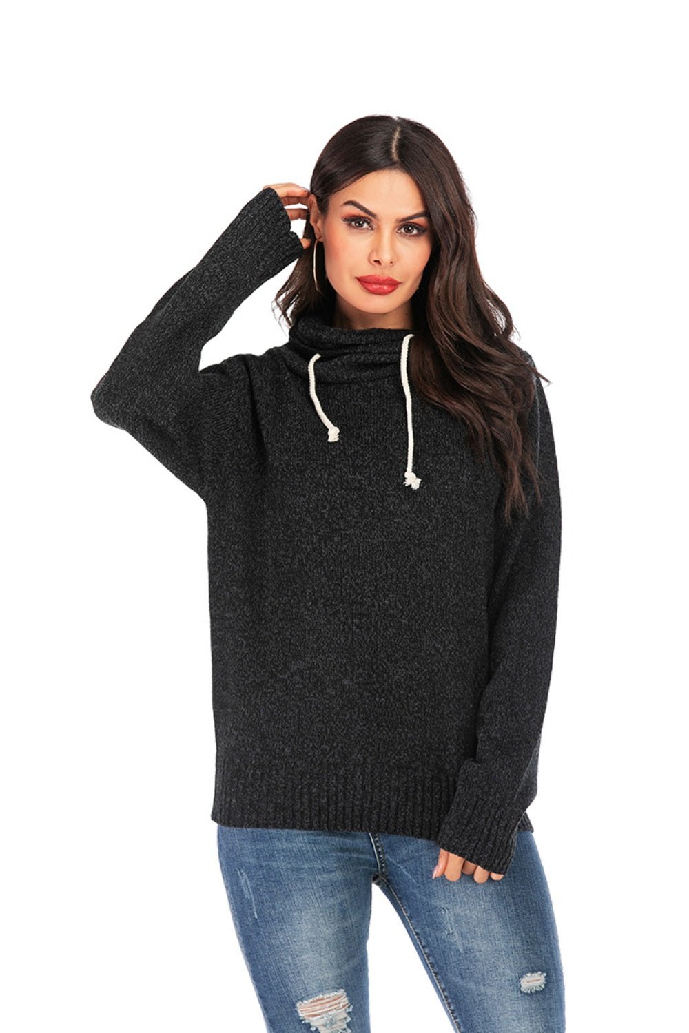 Drawstring Mock Neck Long Sleeve Sweater - Bitsy Gypsy Boutique