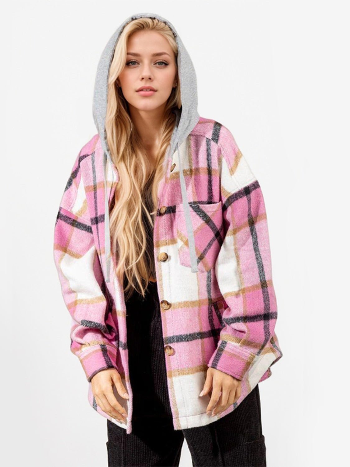 Drawstring Plaid Button Up Long Sleeve Outerwear - Bitsy Gypsy Boutique