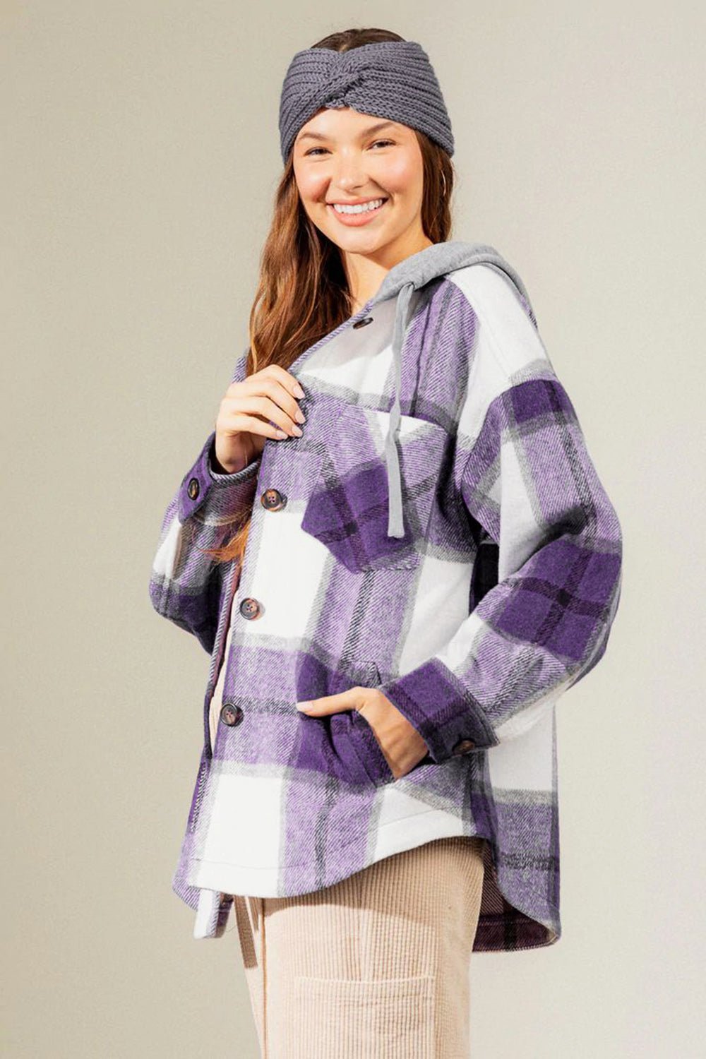 Drawstring Plaid Dropped Shoulder Hooded Shacket - Bitsy Gypsy Boutique