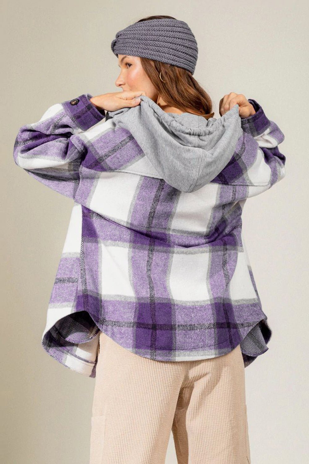 Drawstring Plaid Dropped Shoulder Hooded Shacket - Bitsy Gypsy Boutique