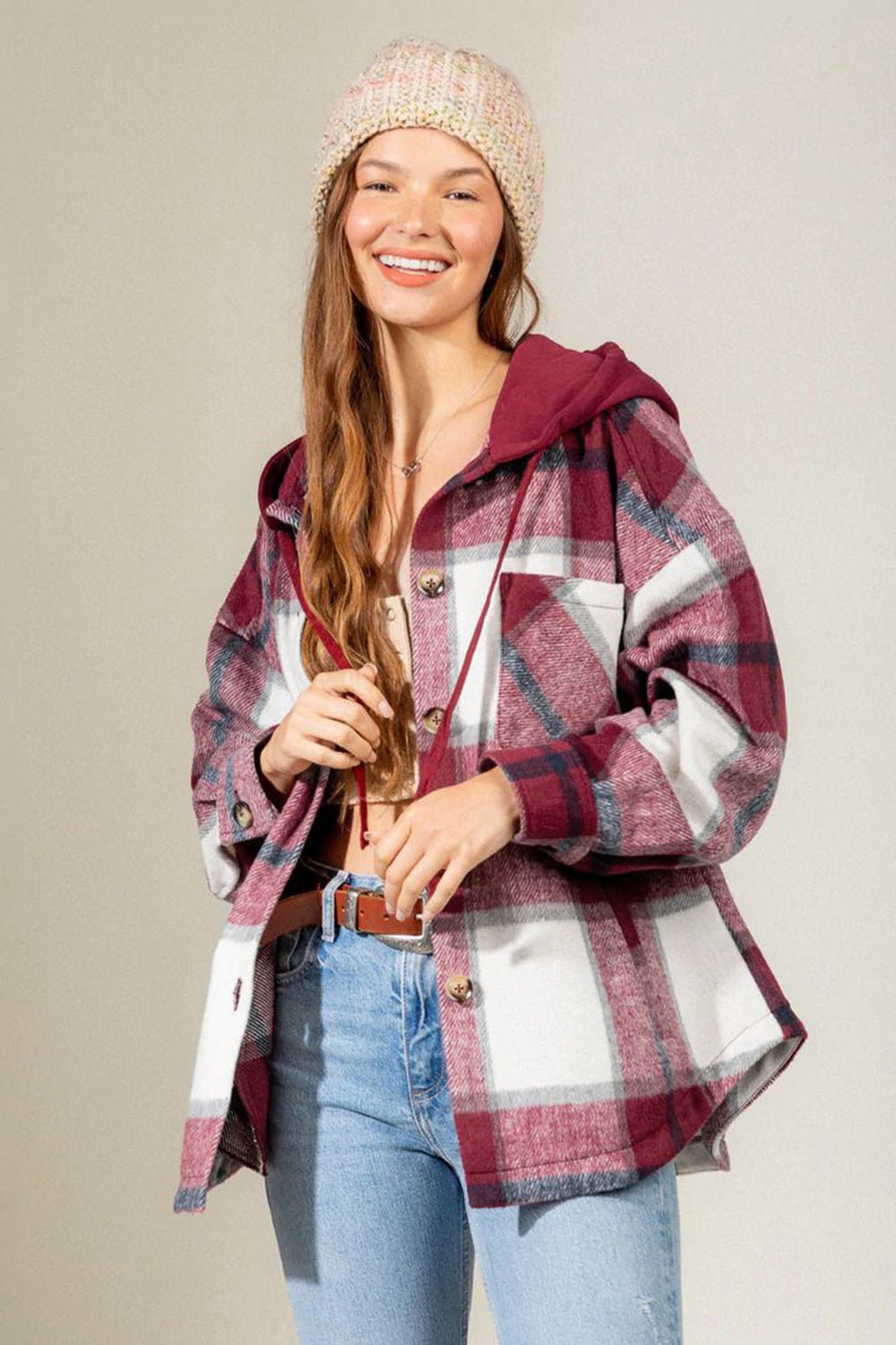 Drawstring Plaid Dropped Shoulder Hooded Shacket - Bitsy Gypsy Boutique