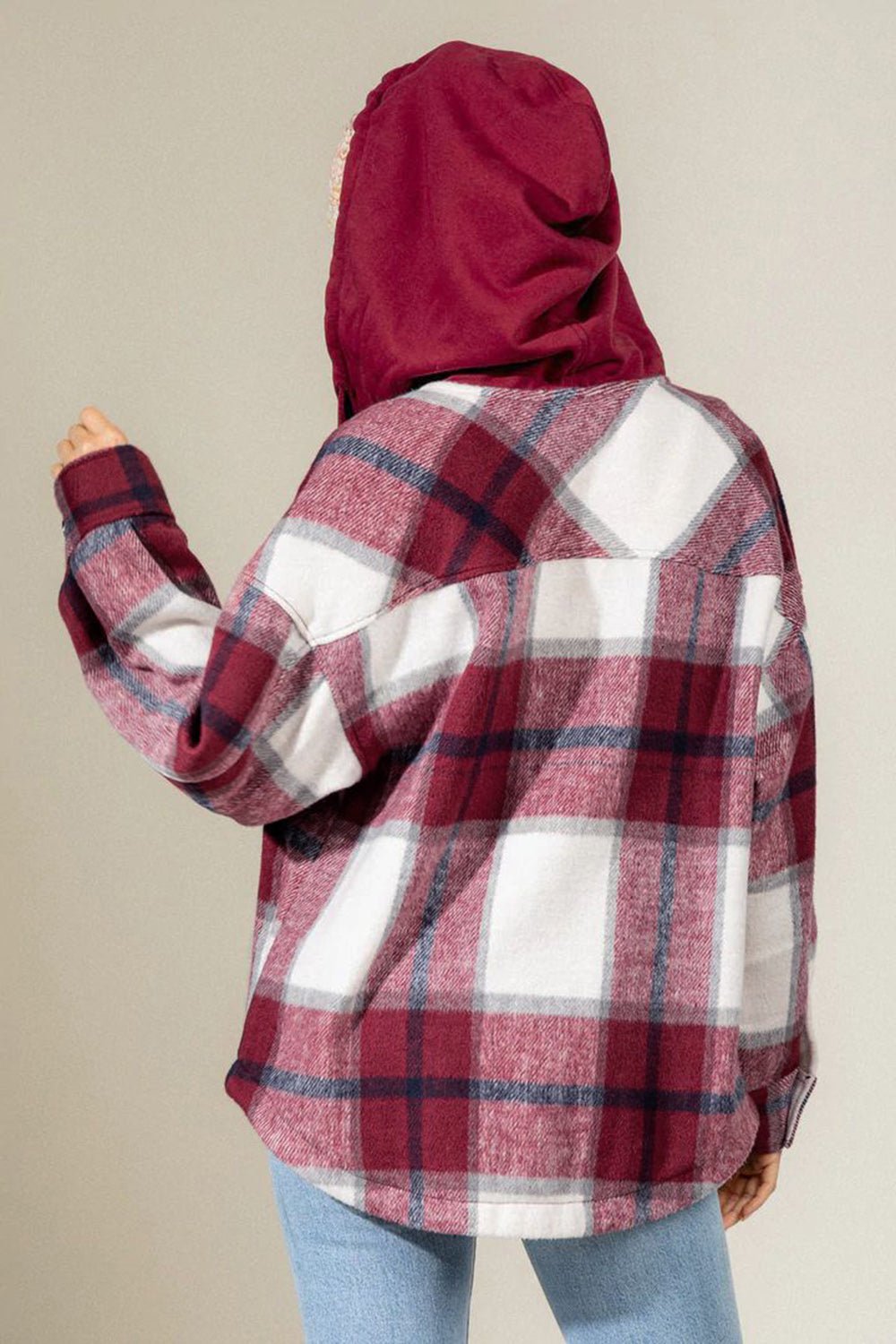 Drawstring Plaid Dropped Shoulder Hooded Shacket - Bitsy Gypsy Boutique