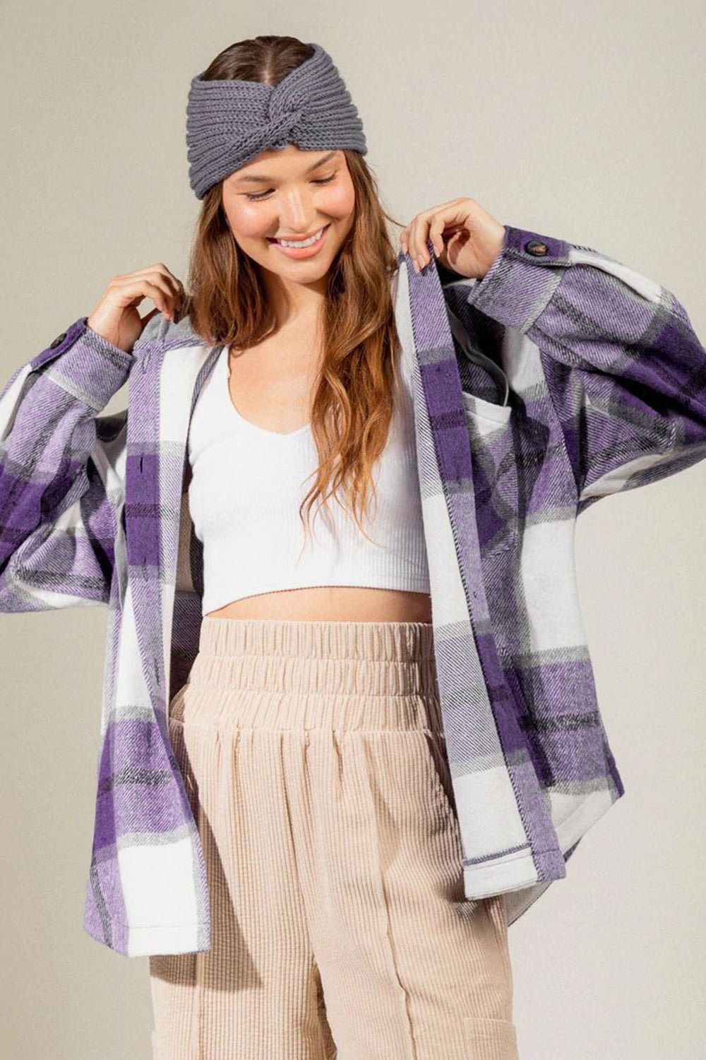 Drawstring Plaid Dropped Shoulder Hooded Shacket - Bitsy Gypsy Boutique